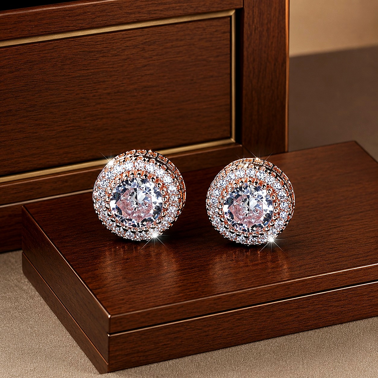 Aretes Boton Pave Halo Rosado